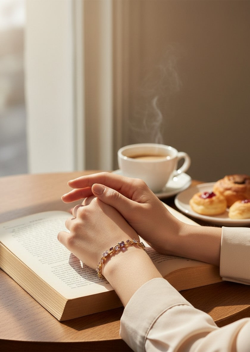 A close-up lifestyle shot of a person's hands resting on an open book, wearing a delicate gold chain bracelet with colorful gemstones. In the background, a steaming cup of coffee and pastries sit on a wooden table near a window.
Grishita Jewellery