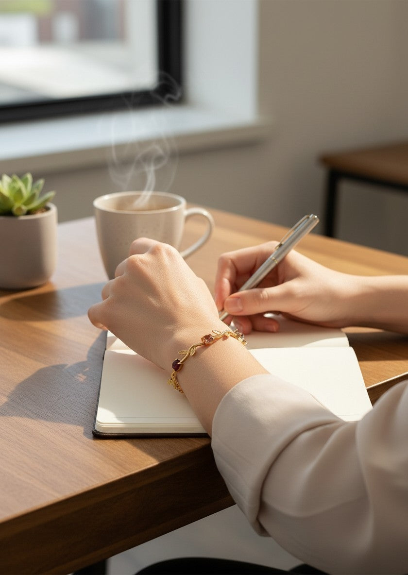 A person writing in a notebook with a silver pen at a wooden desk, wearing a gold chain bracelet. A white mug with steam, a small potted succulent, and a window are visible in the background.
Grishita Jewellery