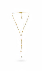 A delicate gold Y-shaped lariat necklace with small gold star charms and a single white pearl bead at the bottom, displayed on a clean white background.
Grishita Jewellery