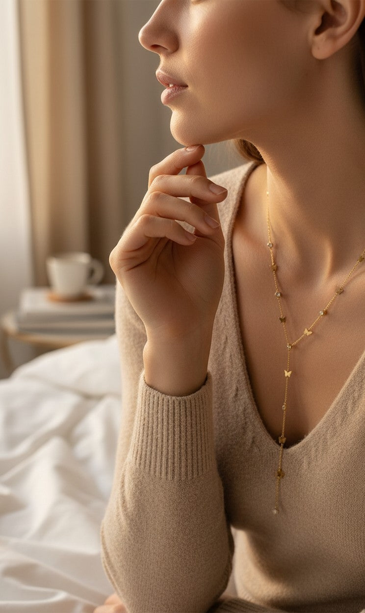 A woman in a beige knit sweater wearing a delicate gold Y-necklace with small heart-shaped charms, posed in a softly lit bedroom setting.
Grishita Jewellery