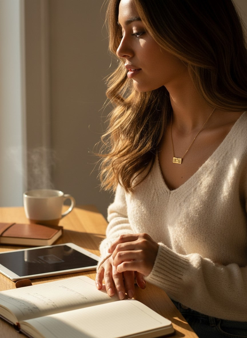 A woman in a cream-colored knit sweater sits at a wooden desk, wearing a delicate gold necklace with a rectangular nameplate pendant. The warm sunlight illuminates her profile, and an open notebook, a tablet, and a steaming mug are on the desk in front of her.
Grishita Jewellery
