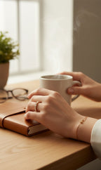 A close-up lifestyle shot of a person's hands resting on a wooden table, wearing a delicate gold ring and bracelet. One hand holds a steaming white mug, while the other rests on a brown leather notebook.
Grishita Jewellery
