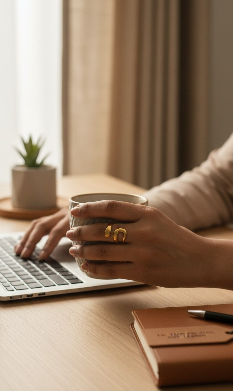 A close-up lifestyle shot of a person's hands at a wooden desk, holding a ceramic mug with a gold ring on one finger while typing on a laptop. A small potted succulent, a brown leather notebook, and a pen are on the desk, with a soft-focus background of beige curtains.
Grishita Jewellery
