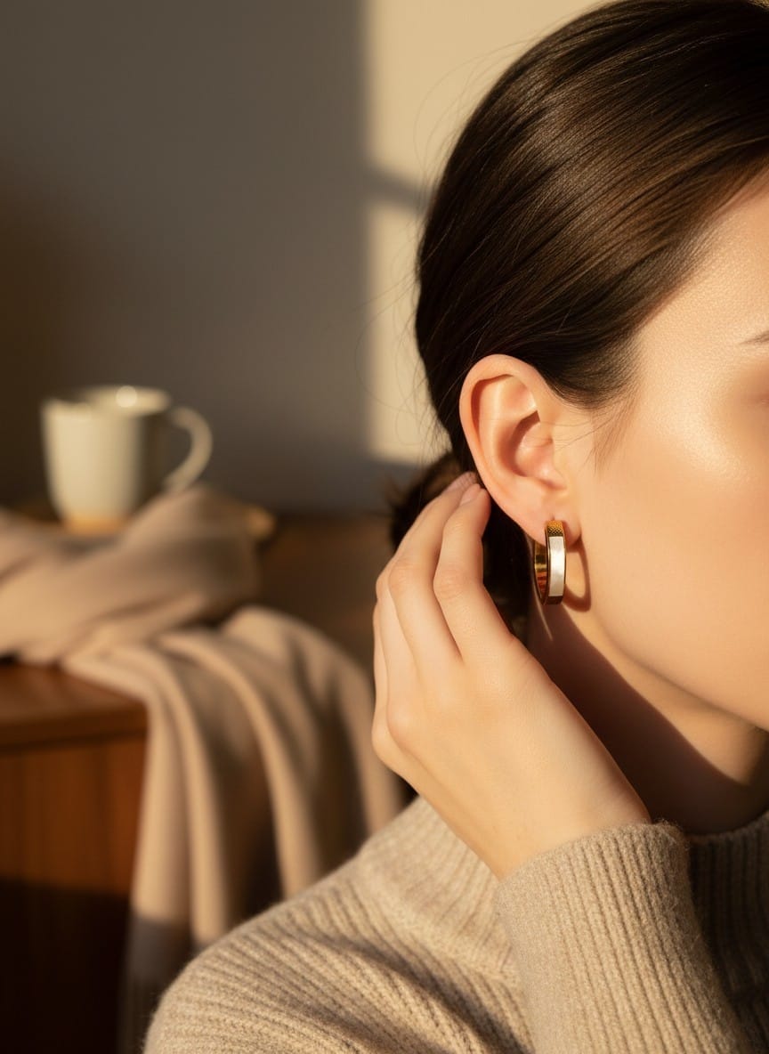 Hoop Earrings with White Inlay - 18K Gold Plated