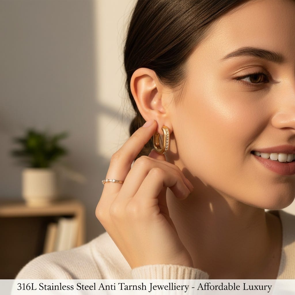 Crystal Oval Shape Hoop Earrings - 18K Gold Plated