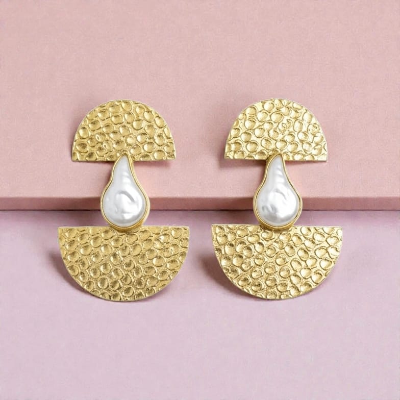 Natural Stone lamp Style Statement Earrings - Handcrafted Brass