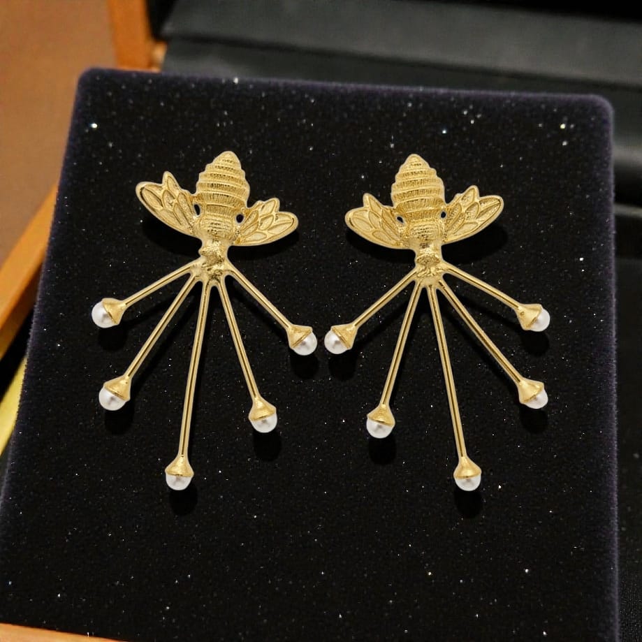 Premium Pearl Insect Style Statement Earrings - Handcrafted Brass