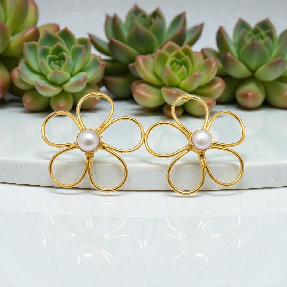 Premium Pearl Five Petal Flower Style Statement Earrings - Handcrafted Brass