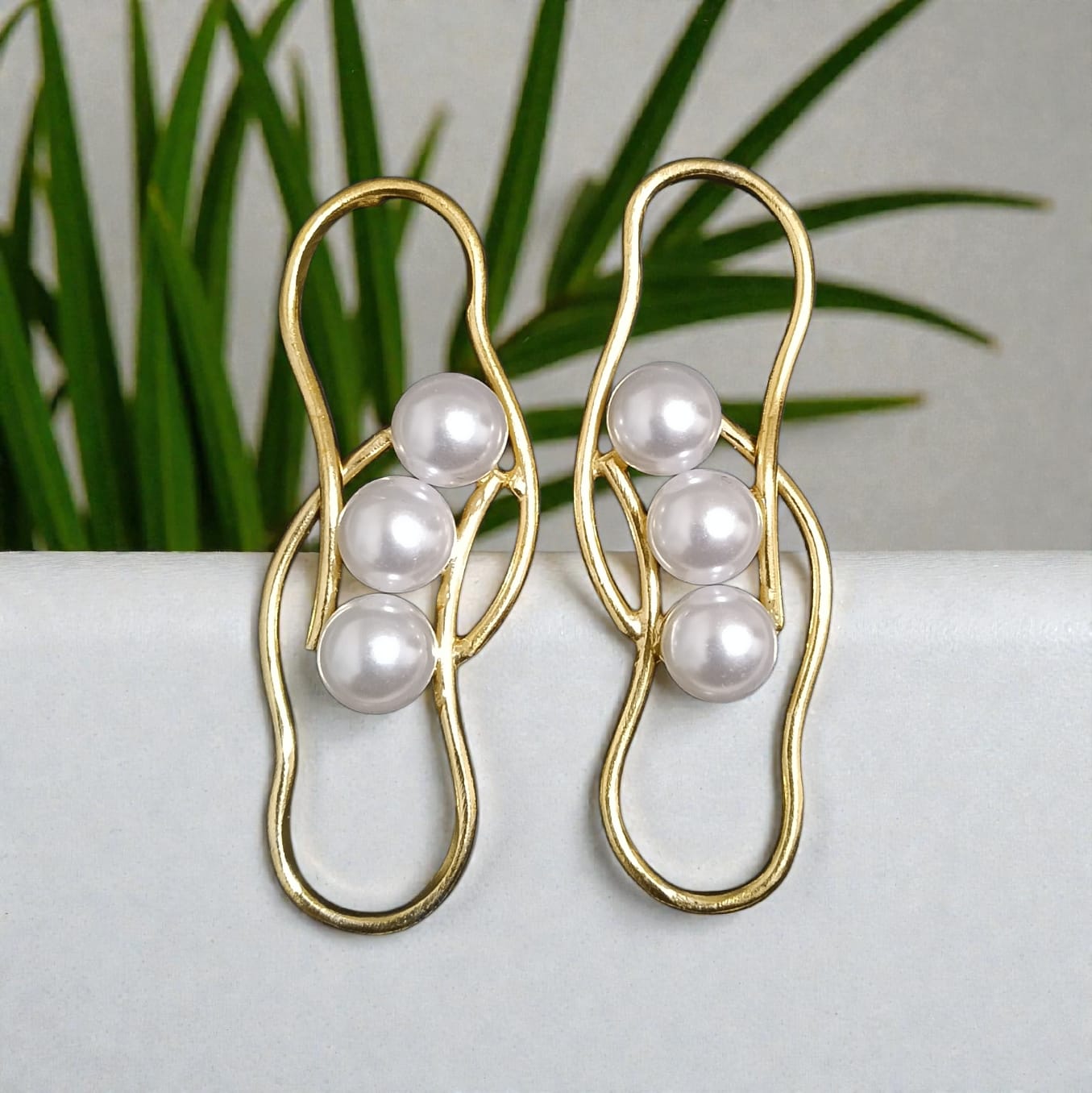 Premium Pearl Wavy Style Statement Earrings - Handcrafted Brass